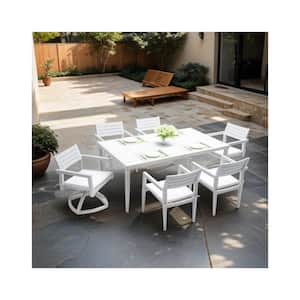 7-Piece Modern Patio Aluminum Outdoor Dining Set with Umbrella Hole and White Cushions in Matte White and Grayish