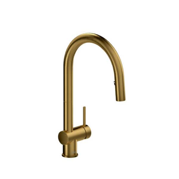 Azure Single Handle Pull Down Sprayer Kitchen Faucet with Gooseneck in Brushed Gold