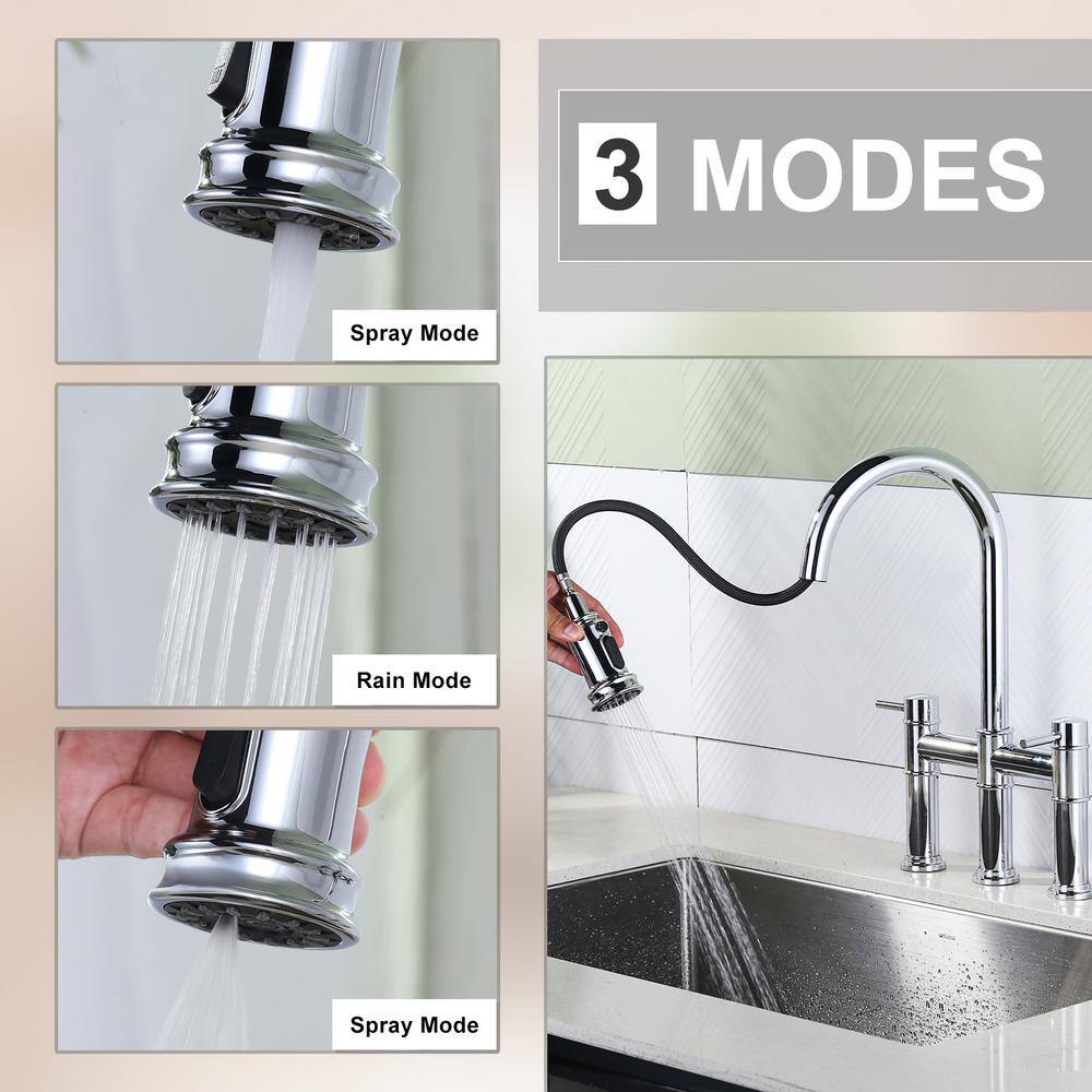 Chrome High-Arc Double Handle Kitchen Faucet with Pull-Out Spray