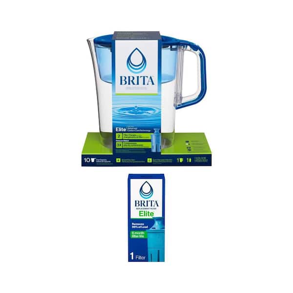 Tahoe 10-Cup Water Filter Pitcher in Blue with 1-Elite Filter and Elite Replacement Filter, BPA Free (1-Pack) Combo