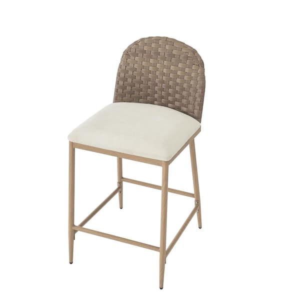 Farmhouse 25 in. H Brown Metal Bar Stool Upholstered Counter Stools with Rattan Backrest Set of 2 for Kitchen