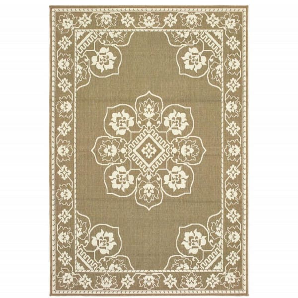 Tan 7 ft. x 10 ft. Loomed Oriental Polypropylene Rectangle Indoor/Outdoor Area Rug
