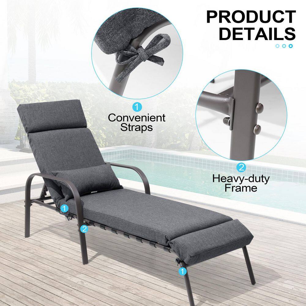 Product detail image highlighting the convenient straps and heavy-duty frame of the dark gray chaise lounge.