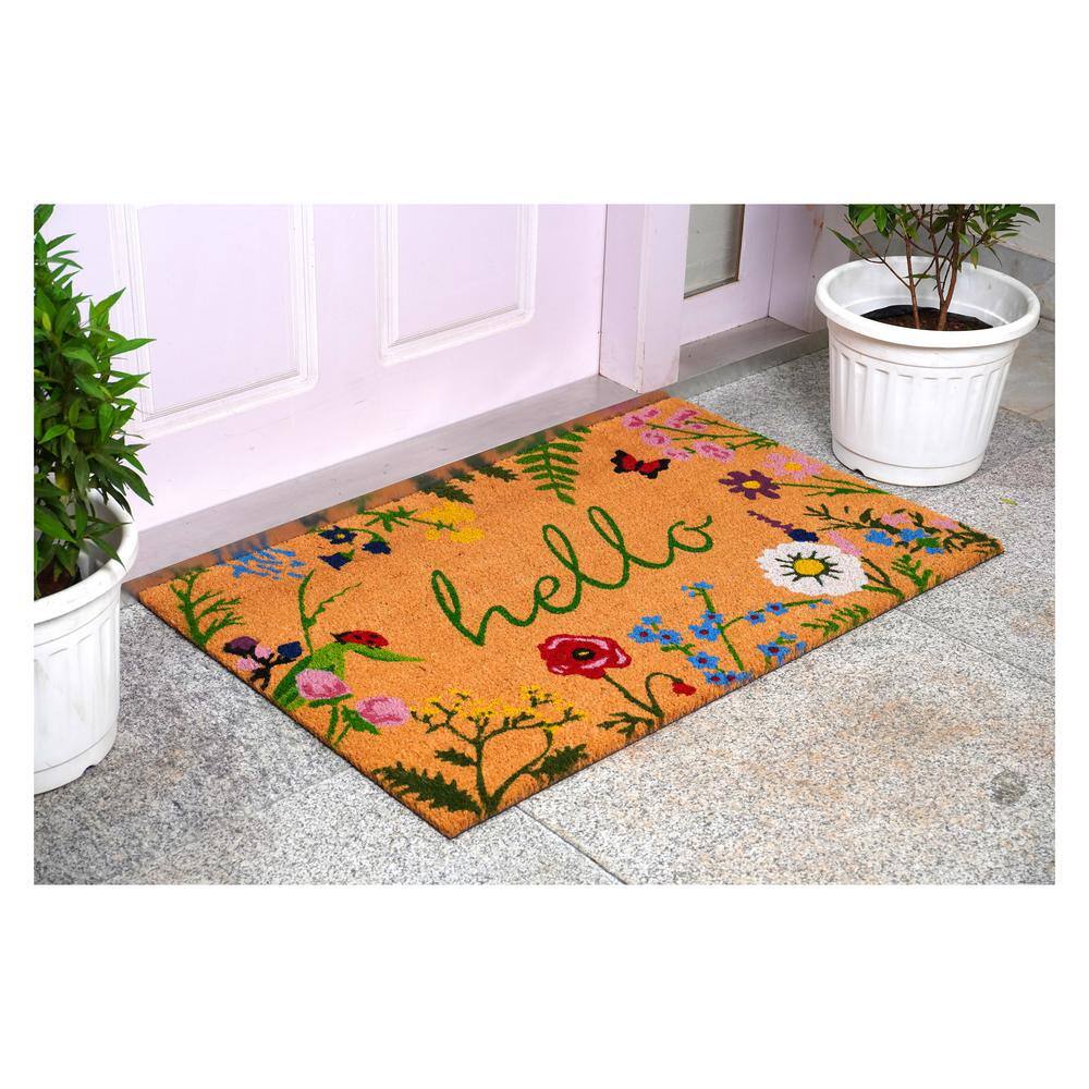 Floral Hello Coir Rectangular Outdoor Doormat, 24" x 36"