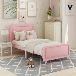 Pink Twin Size Wood Kids Platform Bed Frame with Headboard and Footboard