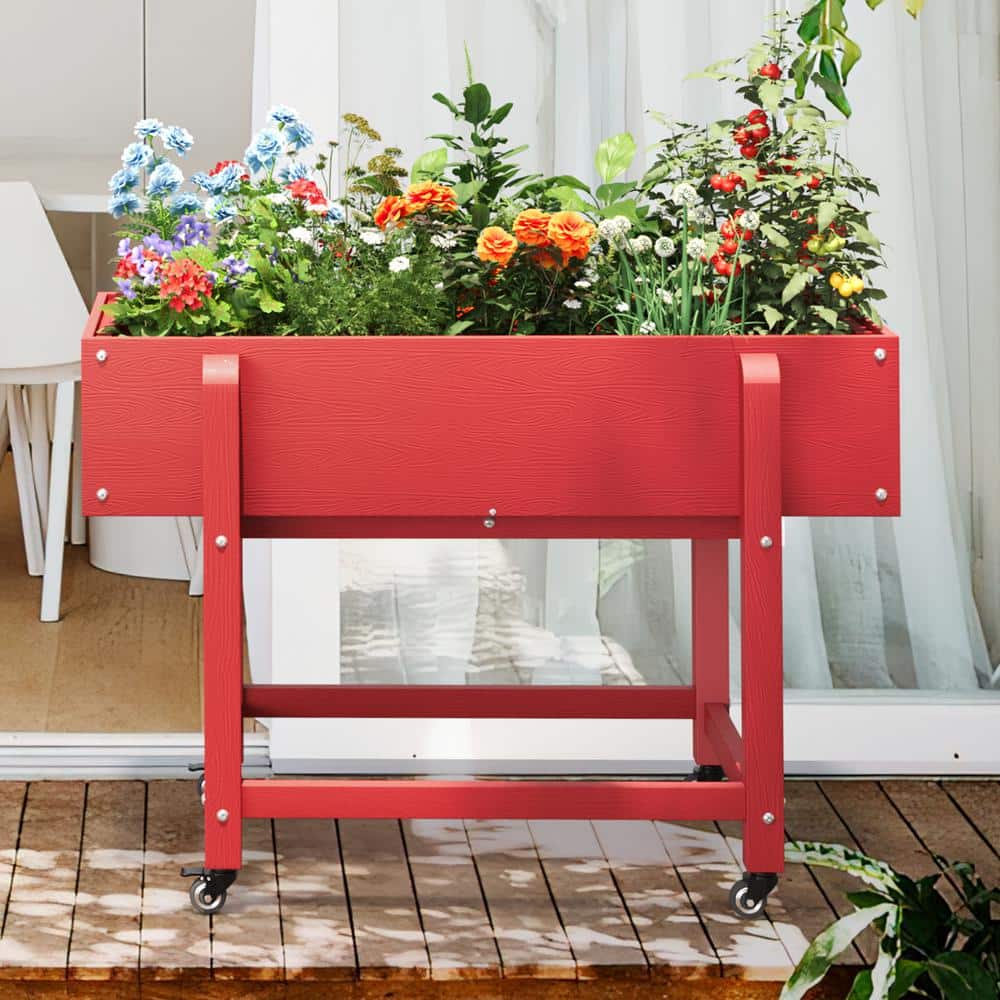 LUE BONA 39 in. x 20 in. x 28 in.Red Plastic Raised Garden Bed Mobile Elevated Planter Box with