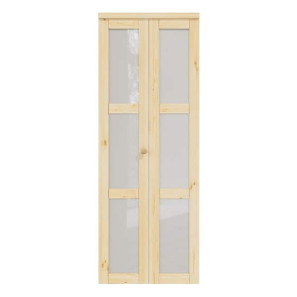 30 in. x 80 in. 3-Lite Frosted Glass Solid Core Unfinished Pine Glass Interior Closet Bi-fold Door with Hardware