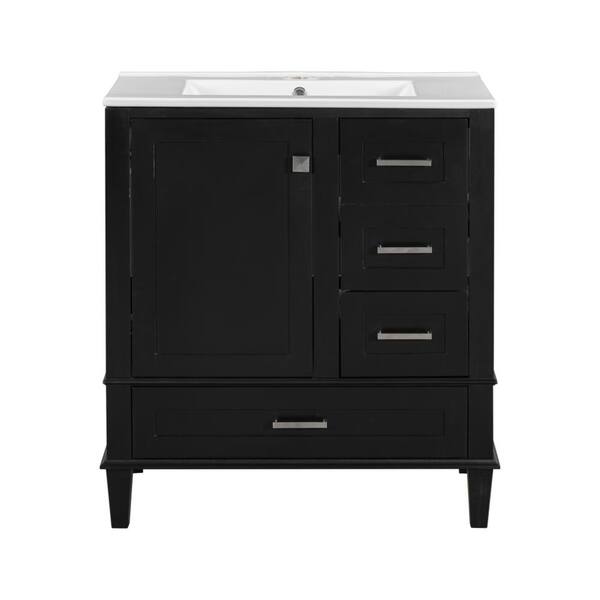 30 in. Freestanding Black Bath Vanity with White Ceramic Top Soft Closing Door and 3 Drawers