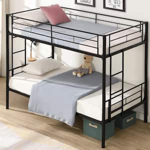 Black Metal Separated Twin Over Twin Bunk Bed with 2 Ladders, Full-Length Guardrail, Storage Space, Noise Free Slats