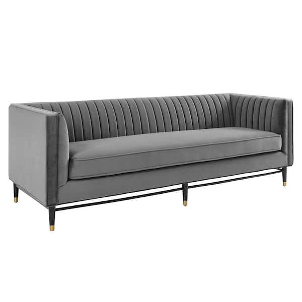 MODWAY Devote 93.5 in. Gray Tufted Performance Velvet 3-Seats Sofa with Dense Foam Padding