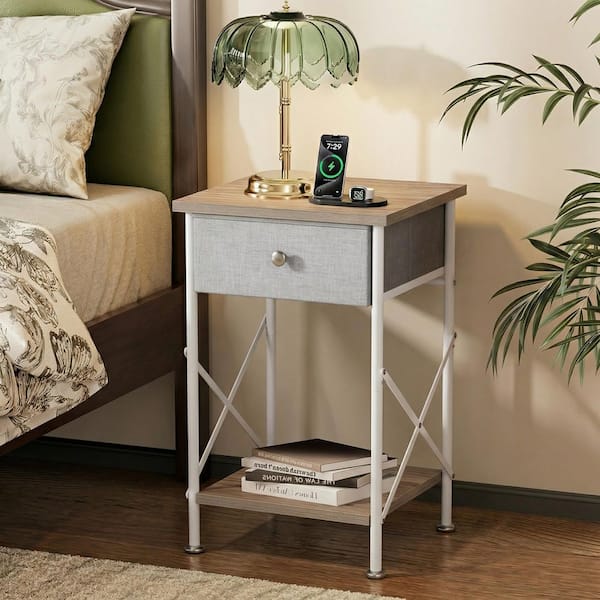 Nightstand with Storage, Bedside Table with Fabric Drawer and Open Shelf for Small Bedrooms, White End Table