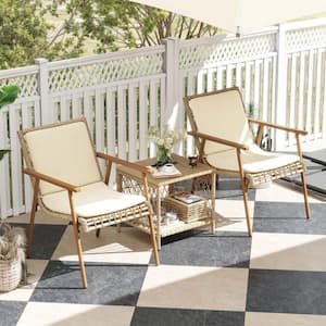 3-Piece Wicker Patio Outdoor Bistro Set Conversation Sets of 2 Wicker Chair with Beige Cushions and Coffee Table