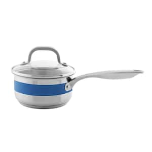 Stripes 1 qt. Stainless Steel Sauce Pan in Brushed Stainless Steel with Glass Lid and Blue Cove Band