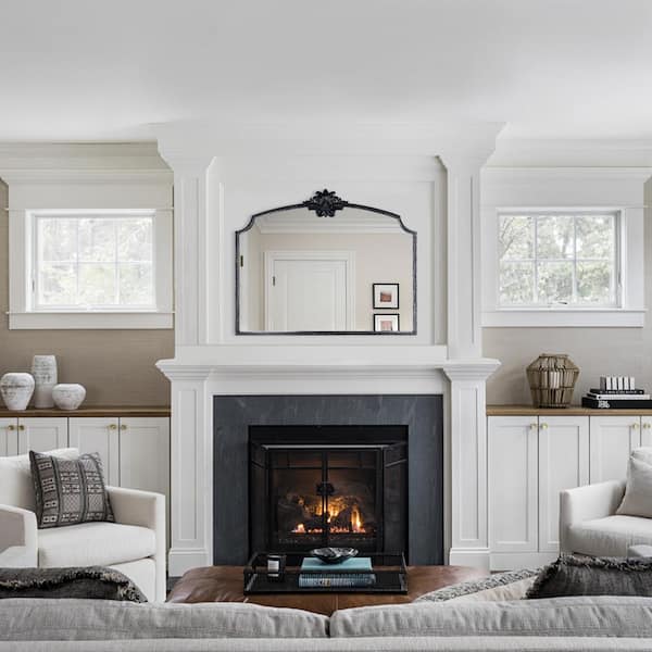 36 in. W x 29 in. H Ornate Baroque Arched Vintage Black Framed Wall Bathroom Vanity Mirror Dresser Decorative Mirror