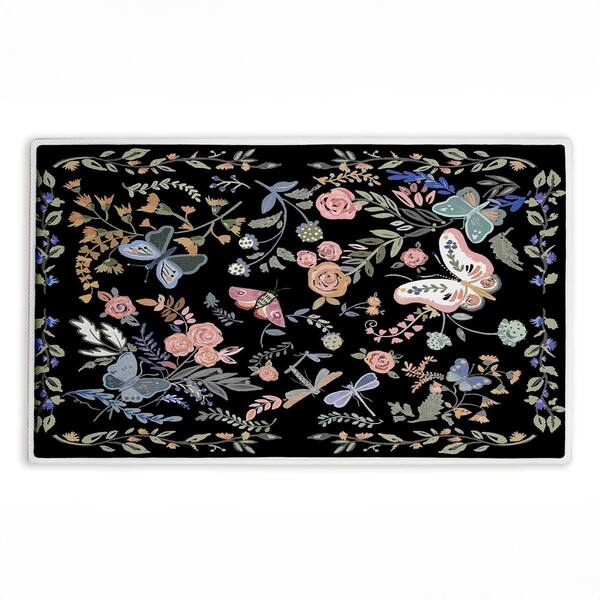 Dark Flowers and Garden Friends 18 in. x 30 in. Black Floral Polyester Blend Rectangle Bath Mat