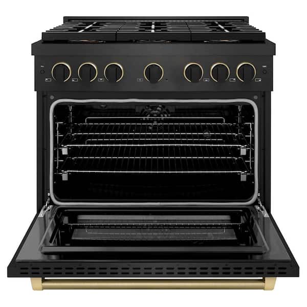 Designer 36 in. 5.2 cu. ft. Dual Fuel Range with 6 Burner DuoPro Cooktop in Black Satin with Black and Champagne Accents