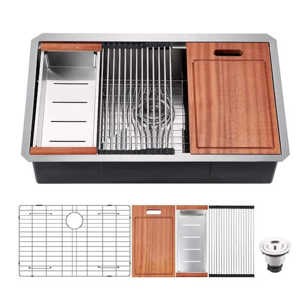 32 in. Undermount Single Bowl 18-Gauge Brushed Chrome Stainless Steel Kitchen Workstation Sink with Cutting Board