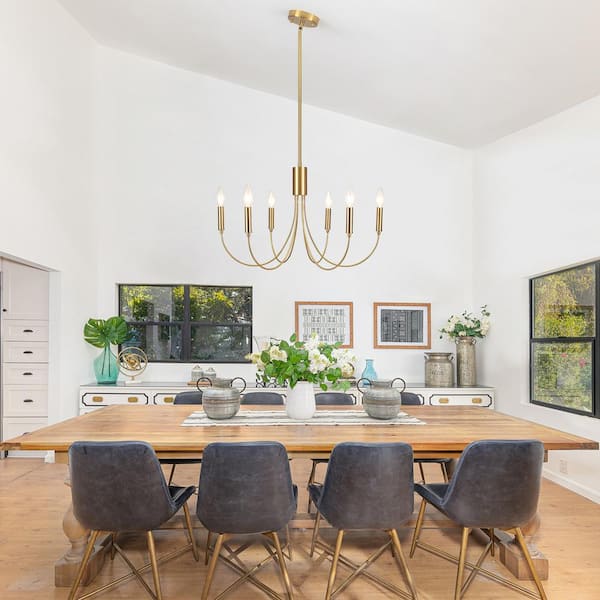 6-Light Brass Candlestick Hanging Linear Chandelier Lighting for Dining Room Kitchen Island with No Bulbs Included