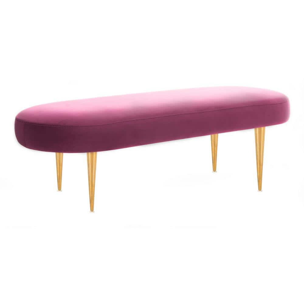 Transitional Plum Velvet Oval Bench with Retro Gold Legs
