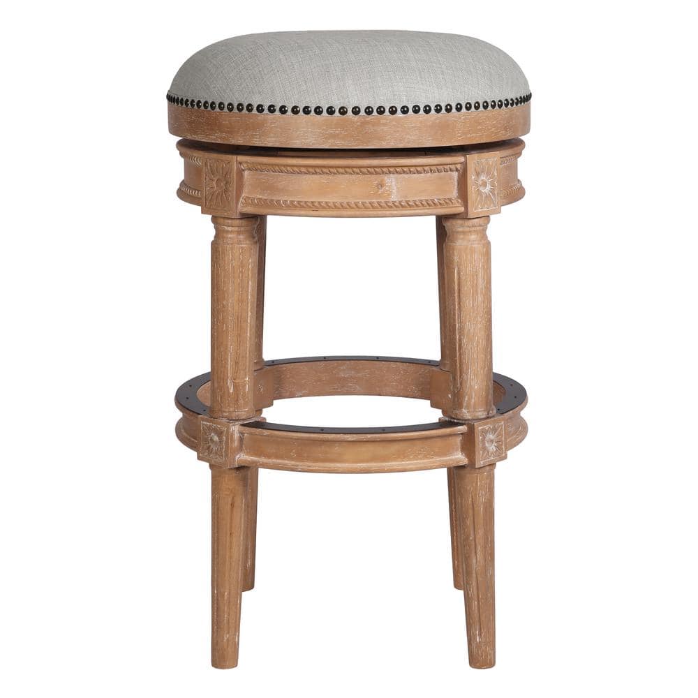 Weathered Natural Oak Backless Swivel Bar Stool with Gray Upholstered Seat