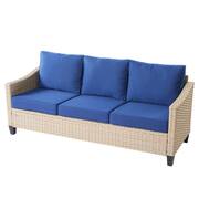 Camellia B Beige 8-Piece Wicker Patio New Style Rectangular Fire Pit Seating Set with Navy Blue Cushions