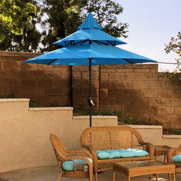 Maypex 9 ft. Steel Market Crank Pagoda Patio Umbrella in Aqua