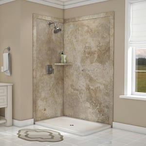 Elegance 36 in. x 48 in. x 80 in. 7-Piece Easy Up Adhesive Corner Shower Wall Surround in Mocha Travertine