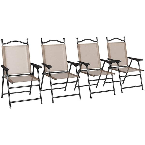 Otryad 4-Piece Brown Metal Folding Dining Chair Outdoor Lawn Chair Set with Breathable Mesh Fabric and Anti-Slip Pads