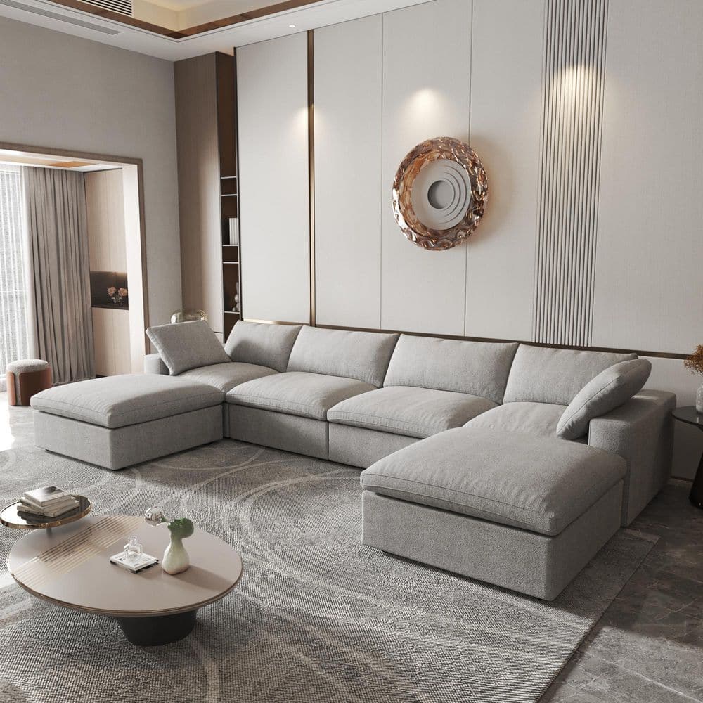 157.3 in. Square Arm 6-piece Linen Polyester Modular Free Combination Storage Sectional Sofa with Ottoman in. Gray