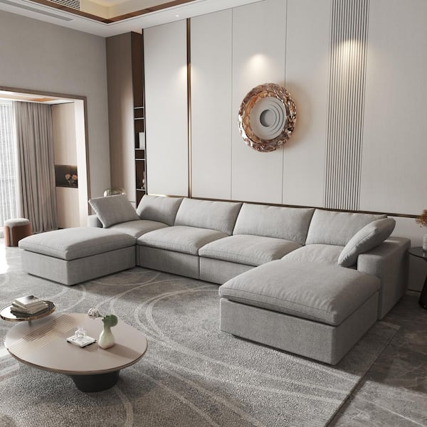 157.3 in. Square Arm 6-piece Linen Polyester Modular Free Combination Storage Sectional Sofa with Ottoman in. Gray