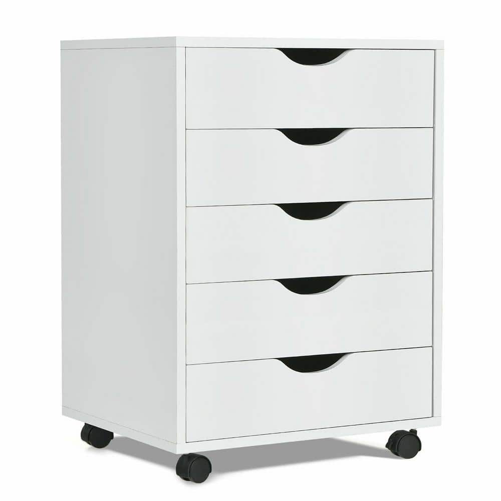Gymax White 5Drawer Dresser Storage Chest with Wheels for Home