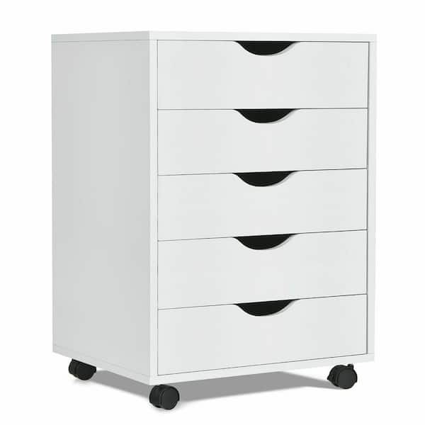 Gymax White 5-Drawer Dresser Storage Cabinet Chest with Wheels for Home Office