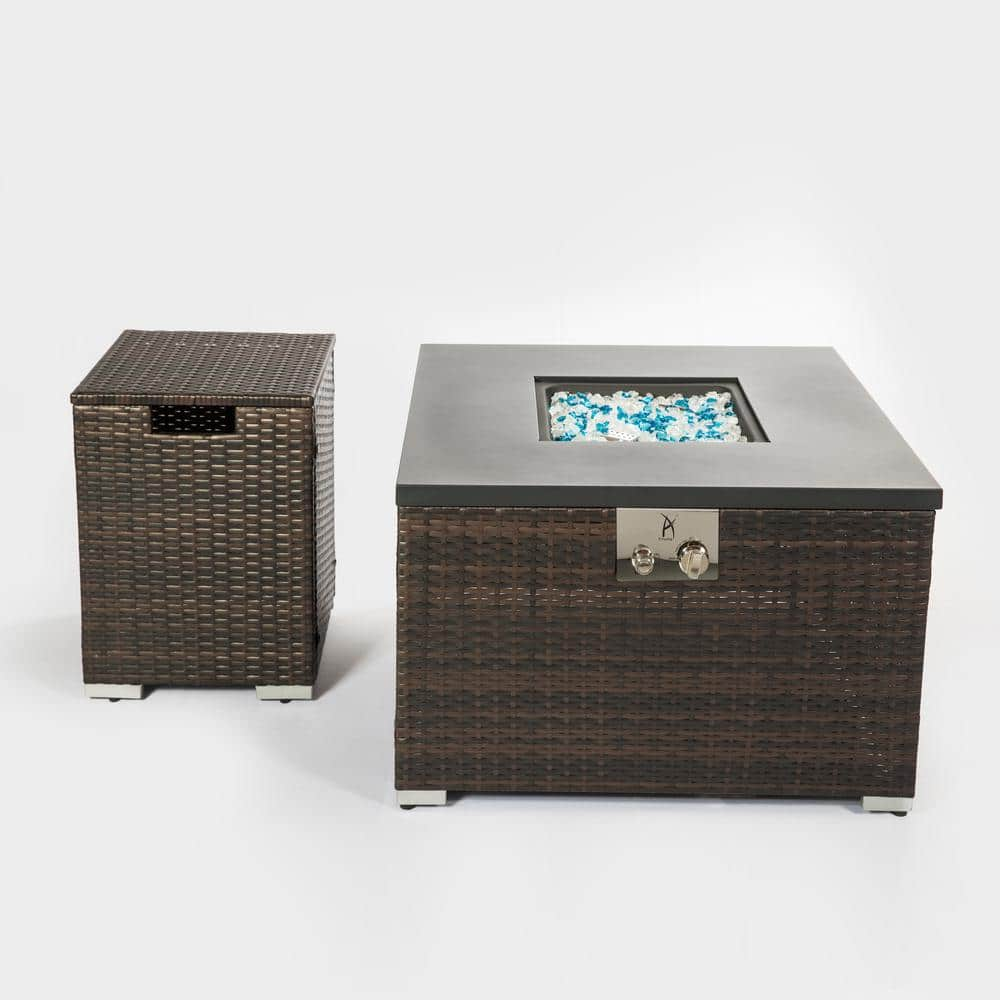 Cesicia Brown Wicker Square Outdoor Fire Pit Table with Propane Tank ...