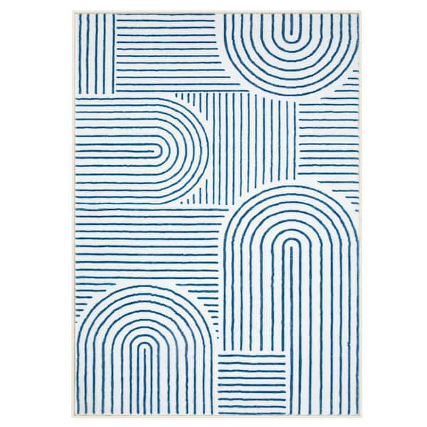 Abstract Rainbow Striped Washable Non-Slip Blue 5 ft. x 7 ft. Area Rug