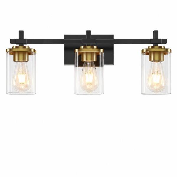 3-Light Black and Gold Indoor Bathroom Vanity Light, Square Clear Glass Shades, 24.4 x 8.8 In Rust-Proof