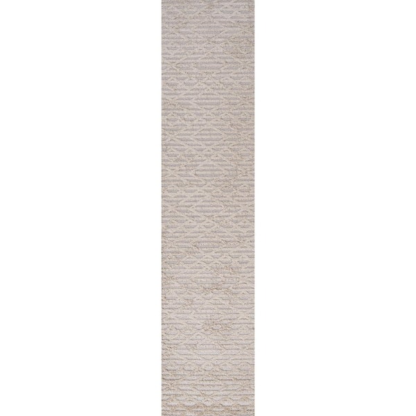 Ararat High-Low Pile Moroccan Diamond Modern Beige 2 ft. x 10 ft. Indoor/Outdoor Runner Rug