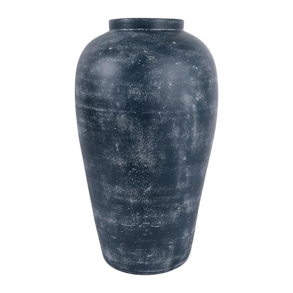 20 in. Blue Terracotta Round Decorative Vase with Distressed Finish