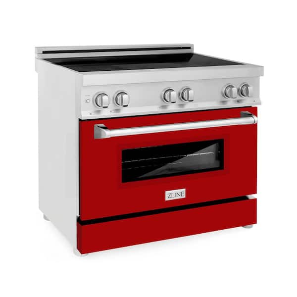 ZLINE Kitchen and Bath 36 in. Freestanding Electric Range 4 Element Induction Cooktop with Red Gloss Door in Stainless Steel