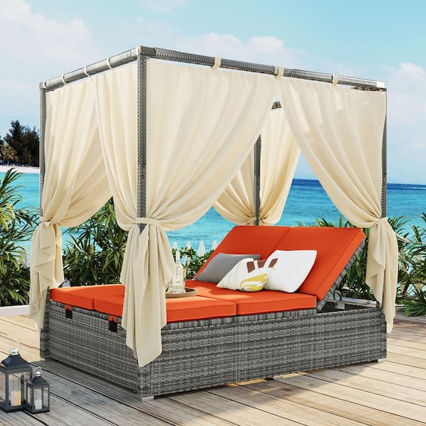 Boosicavelly Gray Wicker Outdoor Day Bed with Orange Cushions and Beige Curtains and Adjustable Backrest