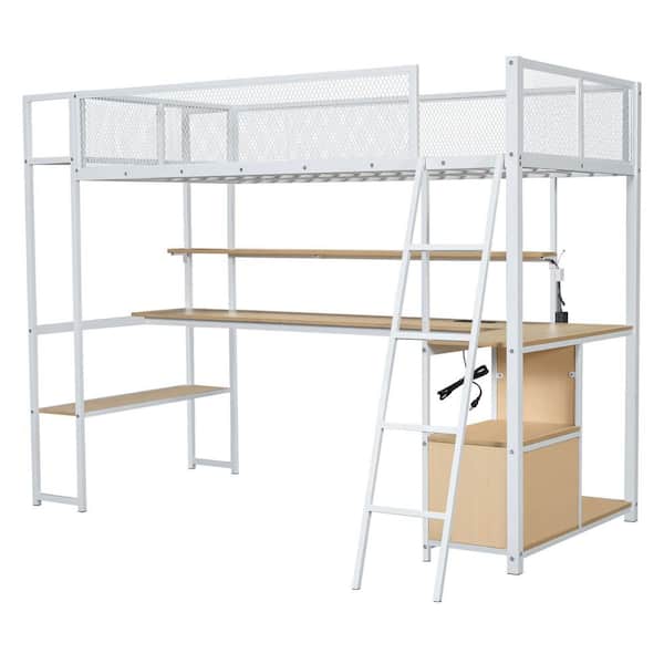 Qualler White Twin Size Metal Loft Bed with Desk, LED Light and Shelves