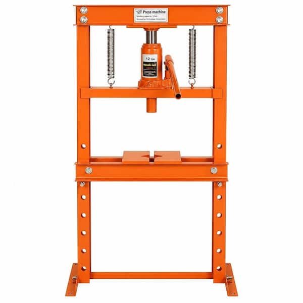12 Ton Orange Carbon Steel Hydraulic H-Frame Shop Press with Adjustable Work Table, Press Plates