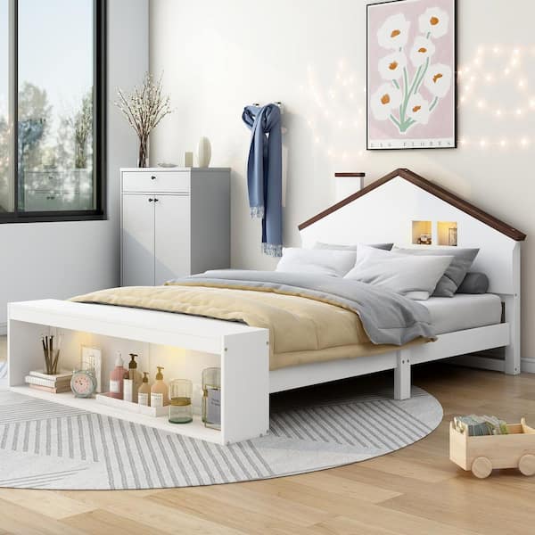 Nestfair White Wood Frame Full Size Platform Bed with LED Lights and Storage