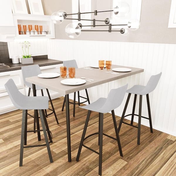 Elland Modern 29.9 in. in Light Grey Upholstered Leather Bar Stool with Black Metal Legs and Footrest (Set of 2)
