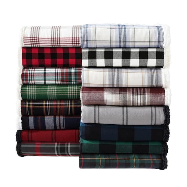 Eddie Bauer Edgewood Plaid Sherpa Blue Cotton Throw Blanket