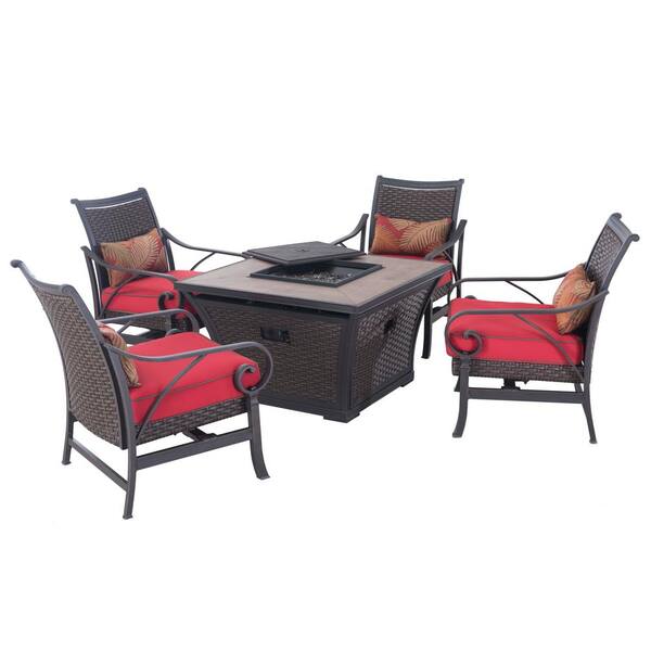 Sunjoy Cald 5-Piece Patio Fire Pit Conversation Set with Red Cushions