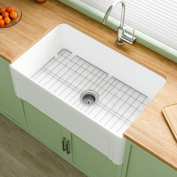 Kuomih Farmhouse Series 30 in. Apron Front Kitchen Sink Single Bowl White Fireclay Sink with Bottom Grids and Drain Barn Sink