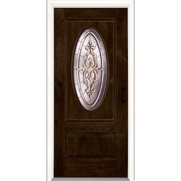 Feather River Doors 37.5 in. x 81.625 in. Silverdale Zinc 3/4 Oval Lite Stained Chestnut Mahogany Left-Hand Fiberglass Prehung Front Door