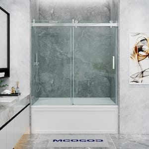 60 in. W x 66 in. H Single Sliding Frameless Soft Close Tub Door in Brushed Nickel with 3/8 in. (10 mm) Clear Glass