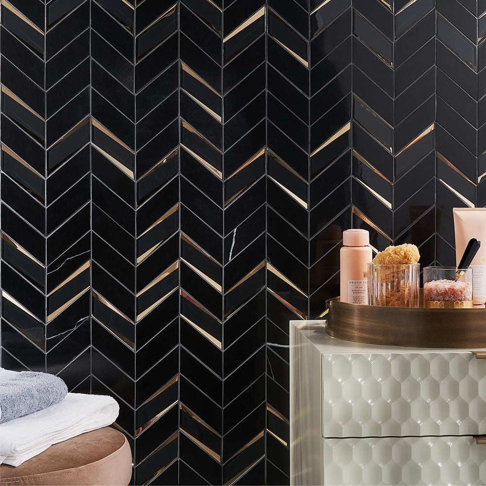 Verona Polished Black Marble Chevron Mosaic Tile