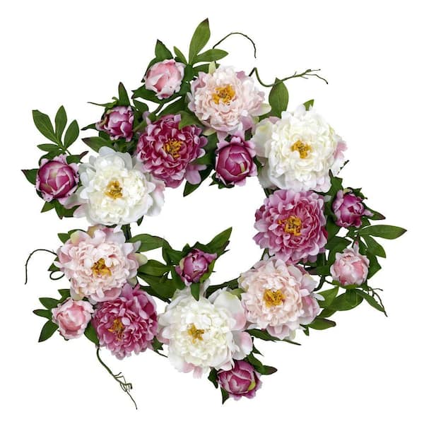 Nearly Natural 22.0 in. Artificial H Pink Peony Wreath